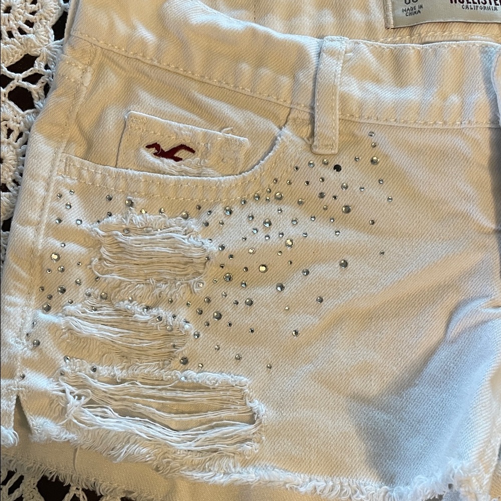 Hollister White Distressed Rhinestone-Accent Denim Shorts - Picture 3 of 6